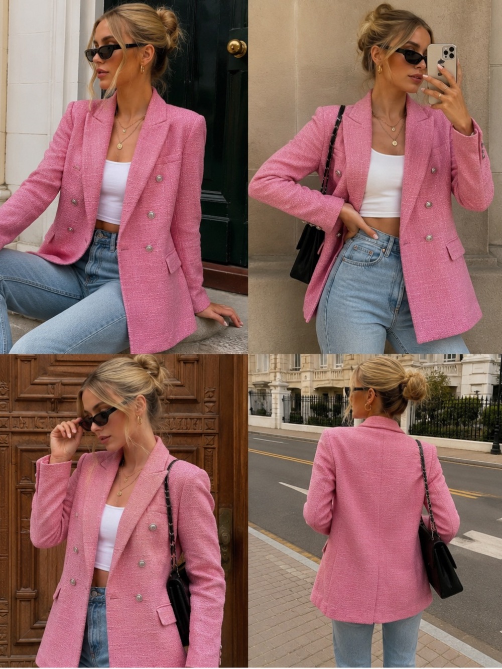 Zara Pink Textured Tweed Double Breasted Blazer Blogger Favorite Size Small